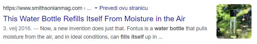 A Google result reads "This water bottle refills itself from moisture in the air"