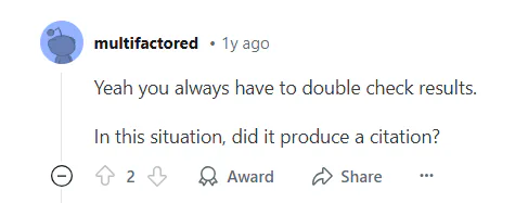 A Reddit user confirming you should always double-check results with Perplexity