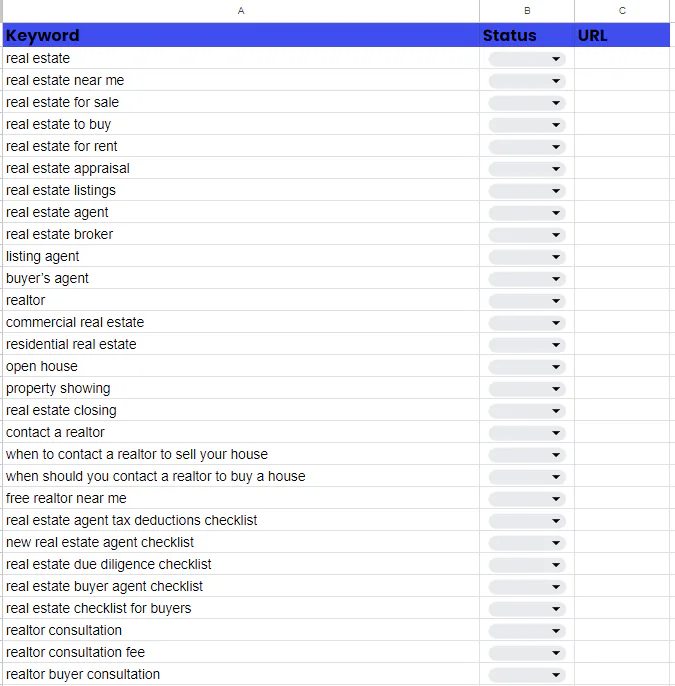 A screenshot of our free spreadsheet with 210+ SEO keywords for real estate.