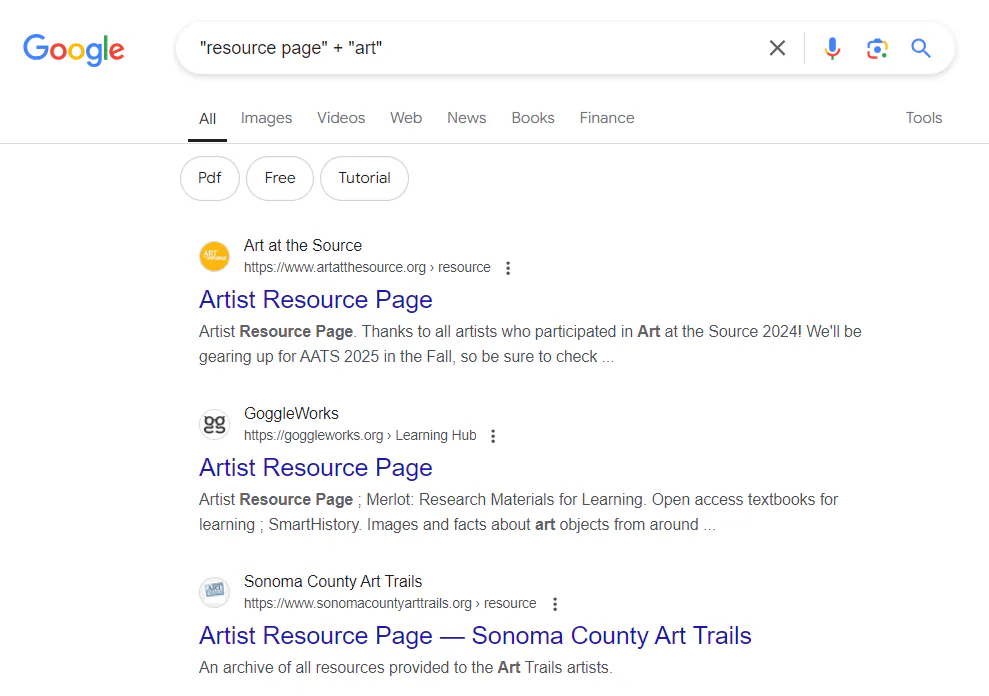A snapshot of Google search results for Exact match search "resource page" + "art"