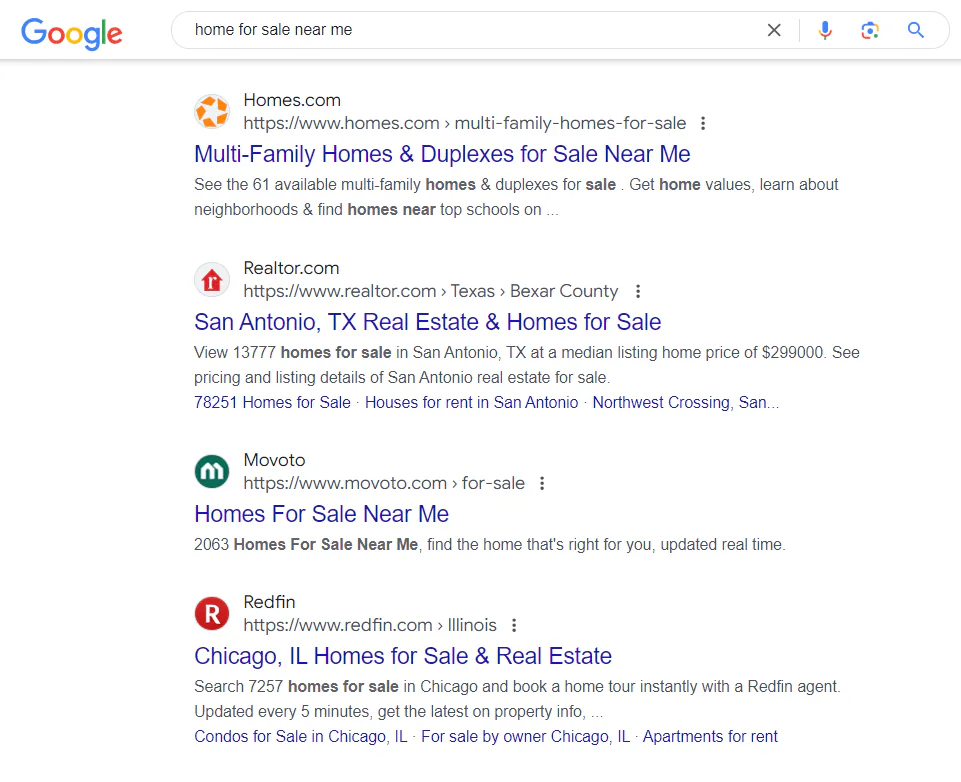 A snapshot of Google search results for the keyword "home for sale near me"