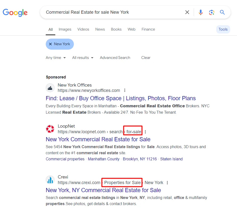 A snapshot of Google search results for the keyword "commercial real estate for sale new york"