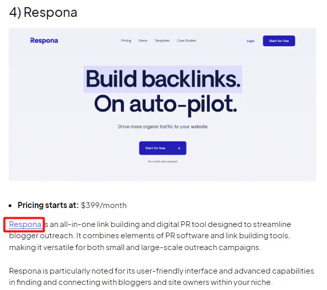 A snapshot of our product round-up post with a link to Respona (blogger outreach tool) highlighted