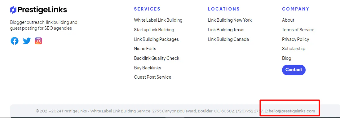 A snapshot of our website, with the email contact information in the footer highlighted