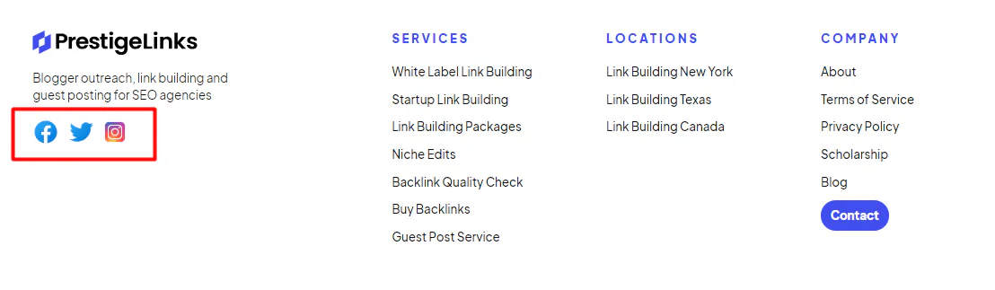 A snapshot of our website with the social media icons in the footer highlighted
