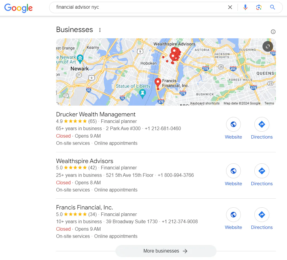 A snapshot of the three featured usinesses for the keyword "financial advisor nyc" on Google