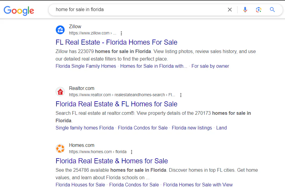 An example of Google search results for the keyword “home for sale in florida”