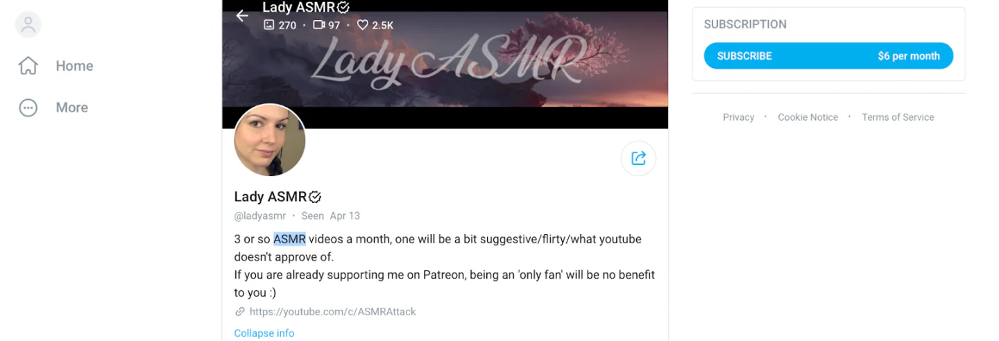 An OnlyFans profile featuring 'ASMR' keyword