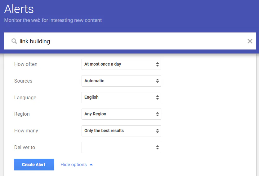 Google Alerts example for the term "link building"