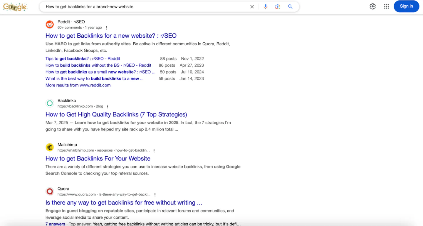 Google search results for how to get backlinks for a brand-new website'