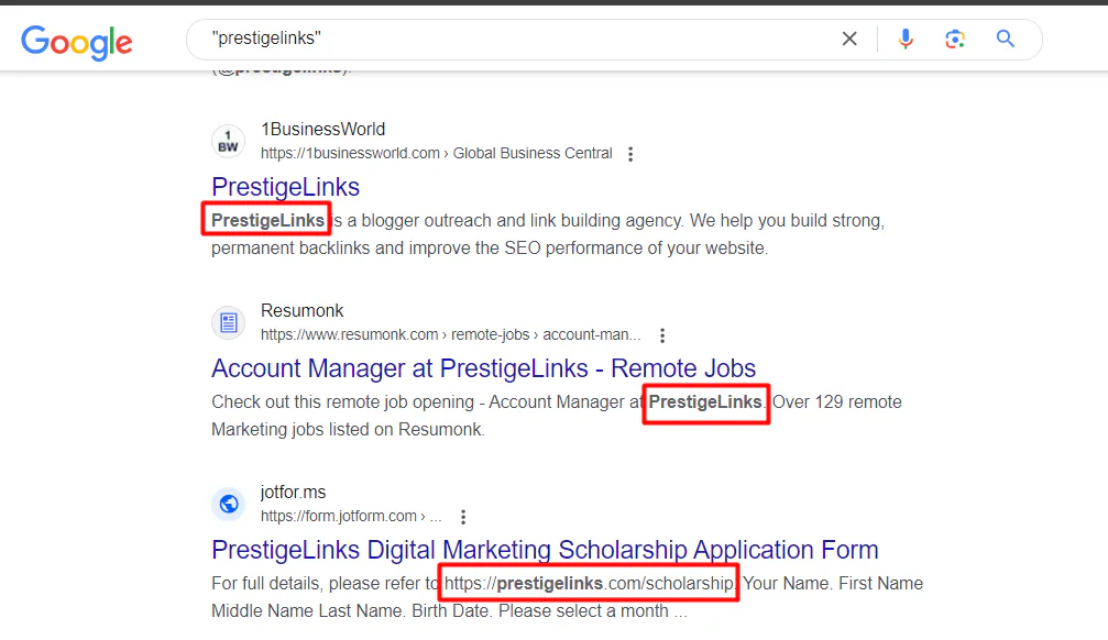 Google search results for "prestigelinks" with our brand name highlighted