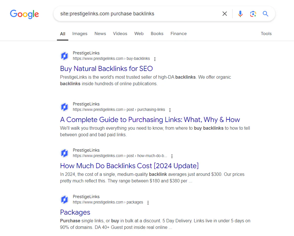 Google search results for "site:prestigelinks.com purchase backlinks"