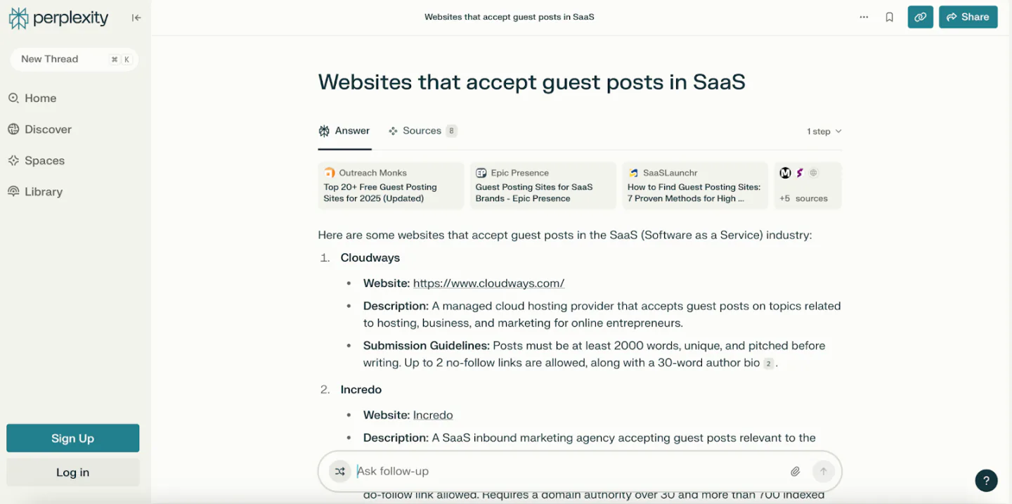 Perplexity results for 'websites that accept guest posts in SaaS'