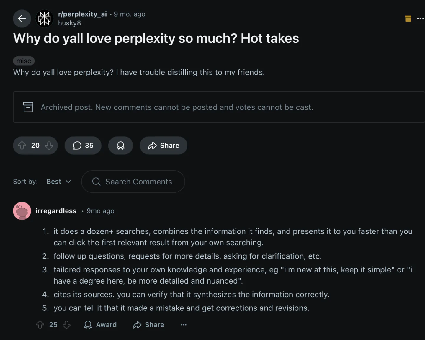 Reddit thread on why people love Perplexity