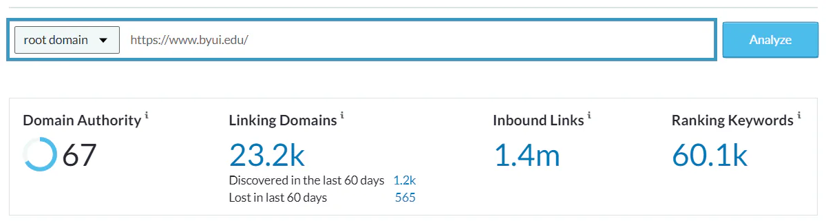 Report on BYUI's domain authority (67), linking domains (23.2k), inbound links (1.4m) and ranking keywords (60.1k)