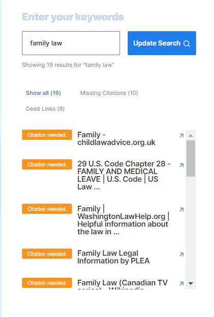 Screenshot of WikiGrabber, showing which pages need citations based on our keyword "family law"
