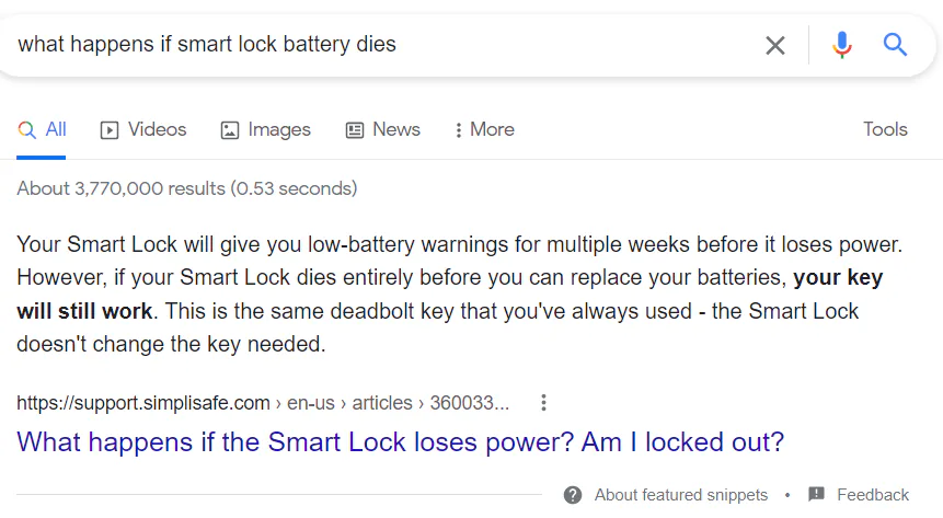 The featured snippet for the keyword "what happens if smart lock battery dies" owned by SimpliSafe