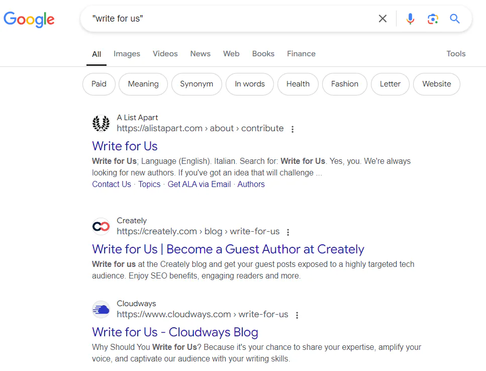 "Write for us" pages on Google search results